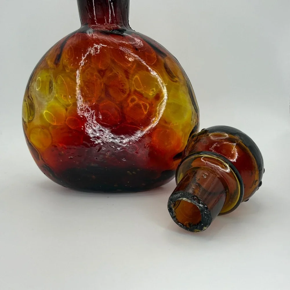 Vintage Amberina Glass Decanter Bottle Stopper Art‎ Glass Handblown Rustic Optic